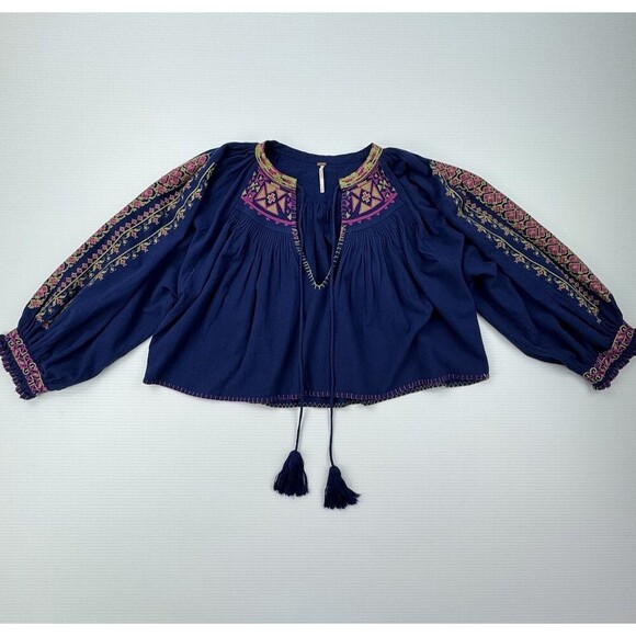 Free People Cherry Bomb Embroidered Peasant Blouse Navy Blue Pink Boho Top S - Picture 2 of 10